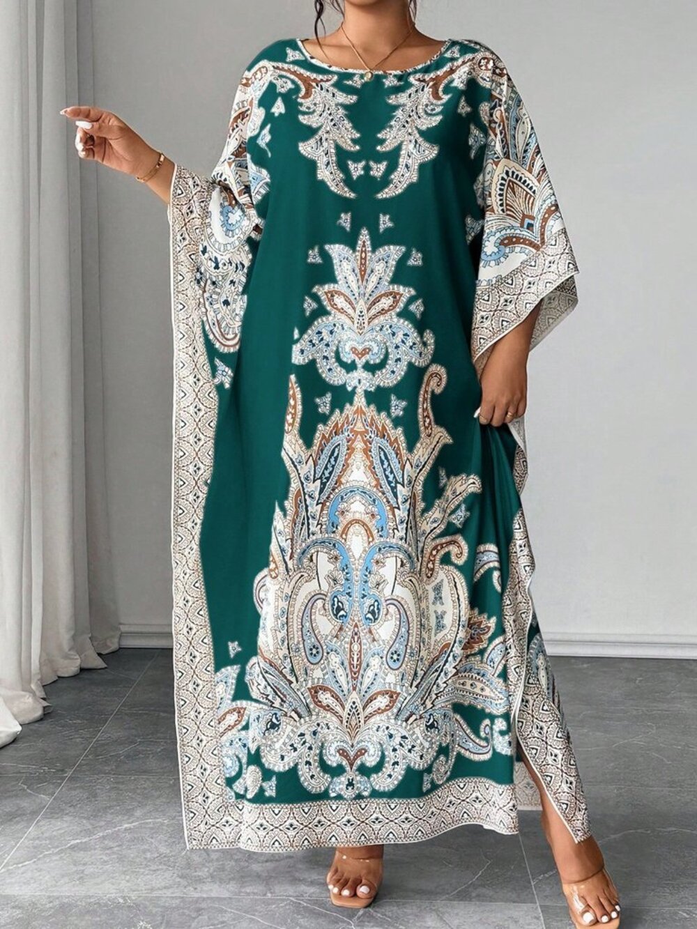 Green Boho Women's Modest Batwing Round Neck Printed Loose Fit Kaftan Dress
